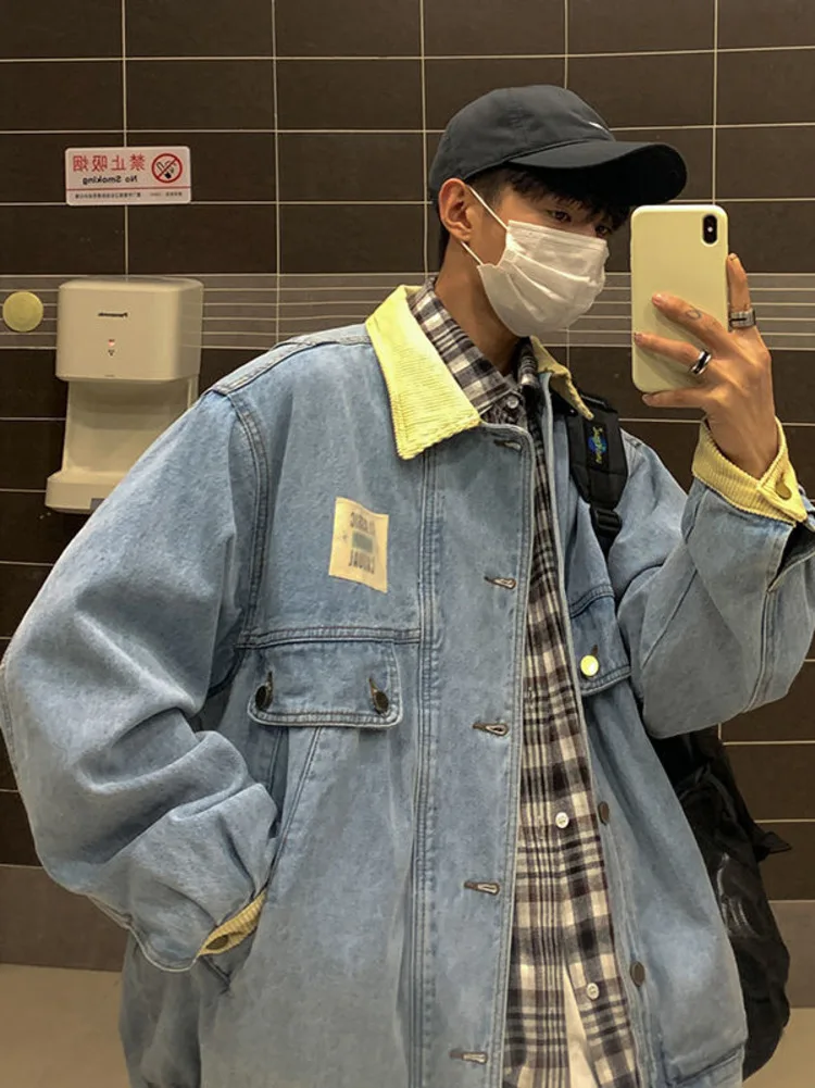 Japan Retro Lapel Denim Jacket Cityboys Punk Loose Jacket Autumn Hong Kong Style Hip Hop Handsome Stitching Jeans Coat