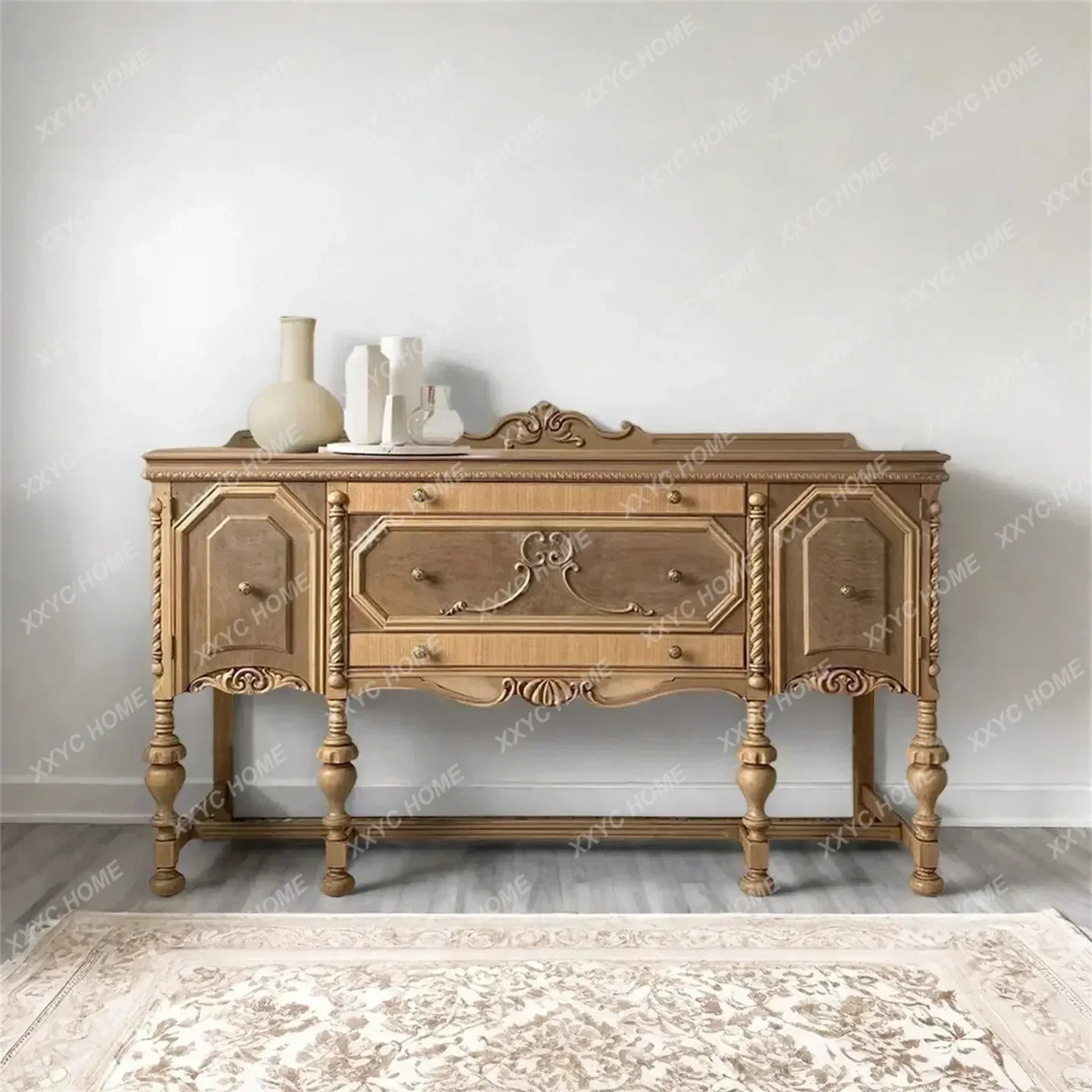 

Solid Wood Living Room Wall Cabinet American Rural Carved Foyer Decorative Cabinet Simple Locker