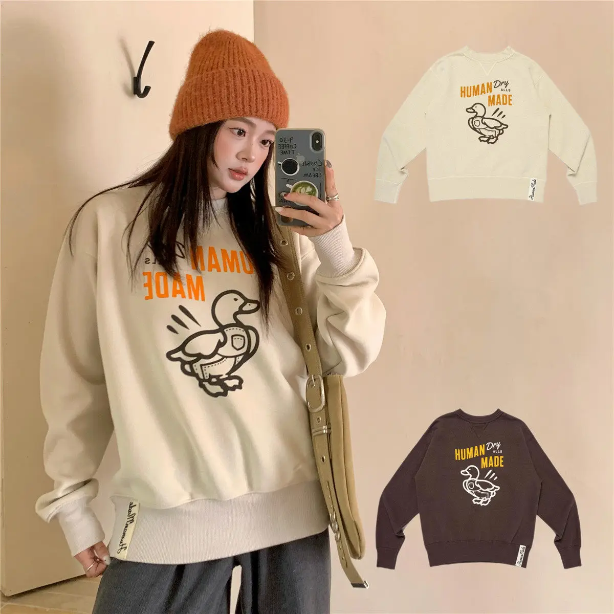 

Human Made Japanese Retro SS25 Sweatshirt Denim Duck Graphic Crewneck Pullover Fleece-lined Ins Unisex Trendy Streetwear Top