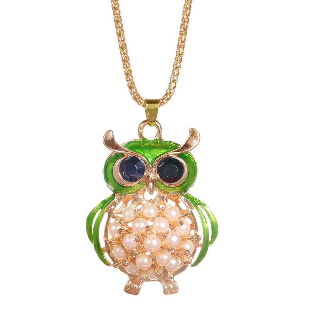 2024 New Painted Pearl Owl Pendant Stainless Steel Chain Rhinestone Animal Element Fashion Women's Street Style Necklace Jewelry