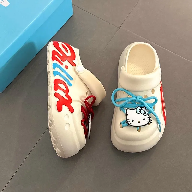 

Hello Kitty Kawaii straps toe hole shoes Cartoon thick-soled non-slip outdoor beach shoes couple cute home casual slippers Gift
