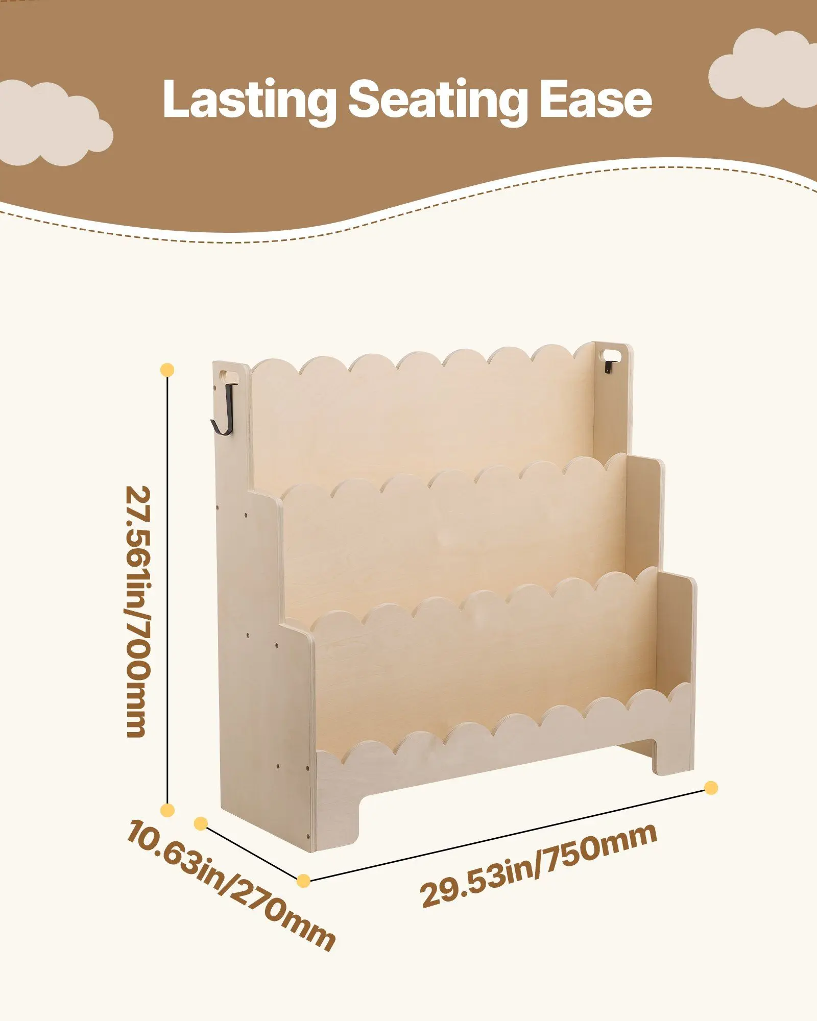 3段モンテッソーリ本棚、波型デザインの前面、幼児用本棚、子供部屋、保育園、幼稚園用のデュアルフック付き