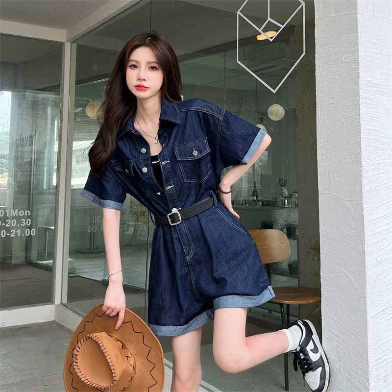 Blue Denim Kurzarm Stram pler Sommer neue locker sitzende Temperament Retro Wash Taille Damen Casual Shorts einfarbig z66