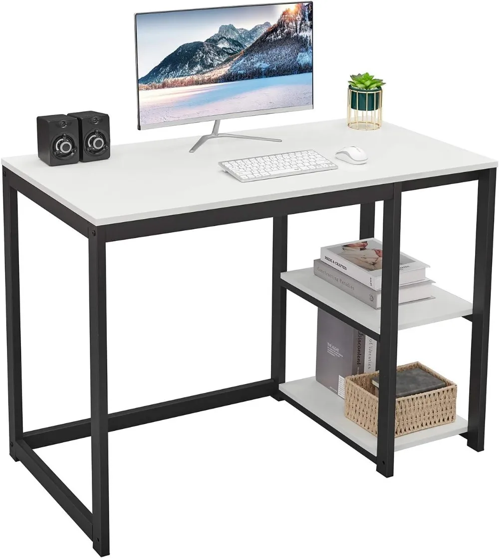 

SINPAID Computer Desk 40 Inches with 2-Tier Shelves Sturdy Home with Large Storage Space Modern Study Writing Laptop Table,White