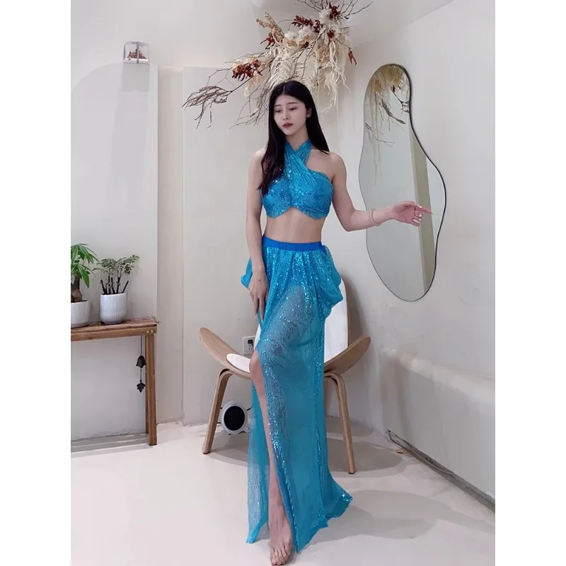 ที่กําหนดเอง Belly Dance เครื่องแต่งกายฝึกเสื้อผ้าชุดใหม่คอ Glitter สวมใส่ชุดเซ็กซี่หญิง