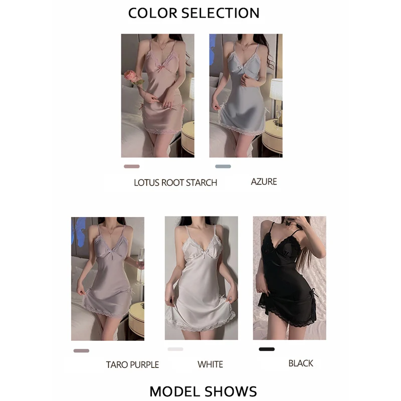 REBEYULL Lingerie Female Casual Solid Deep V Satin Lace Mini Dress with Chest Pad Autumn Fashion Casual 2 Piece Robe Gown Sets