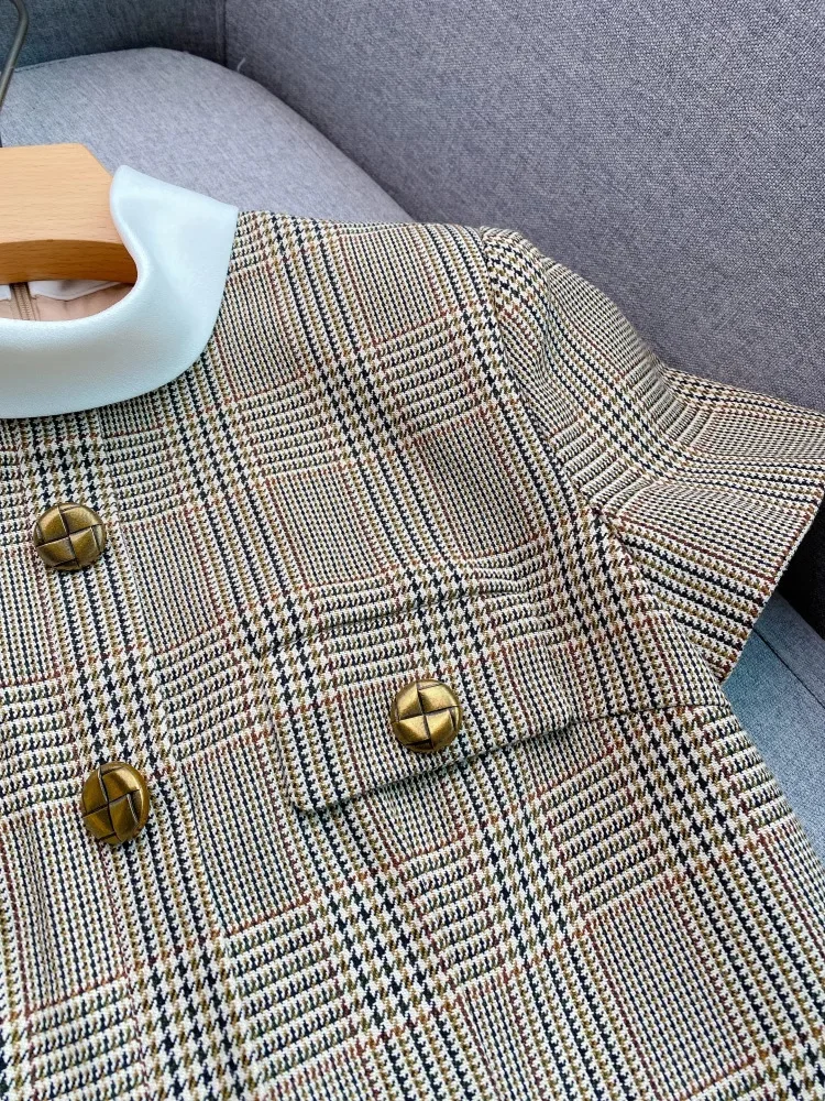 Luxury Plaid Short Dresses Women Summer Holiday Short Sleeve Single Breasted White Collar Mini Vestidos Party Robe