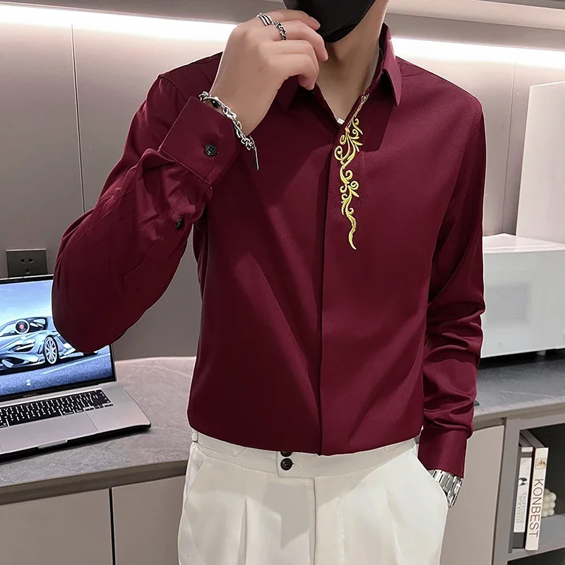 

Luxury Gold Embroidery Long Sleeved Men Shirts Autumn Slim Fit Social Tuxedo Mens Shirt Prom Club Camisas De Hombre Streetwear