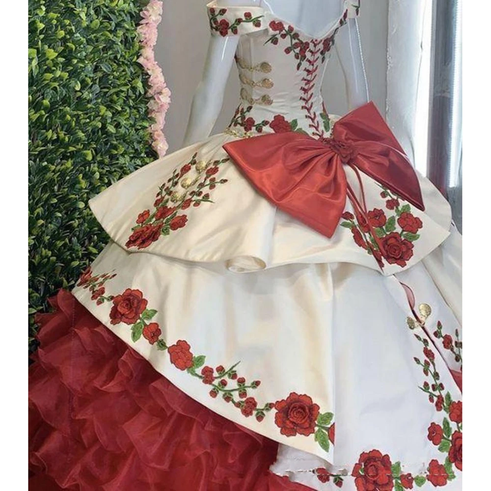 Lindo vestido de baile bordado, Fora do ombro arco camadas, Vestido de baile de cetim, Doce festa noturna, Quinceanera, 2023