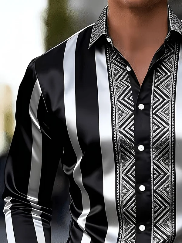 Men's Long Sleeve Shirt Autumn Black White Vertical Stripe Ethnic Geometric Print