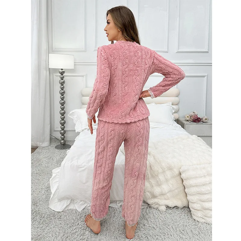 Sweet Autumn and Winter Thickened Flannel European American Pajamas Women\'s Suit Solid Color Loungewear Warm Sleepwear Pj Set