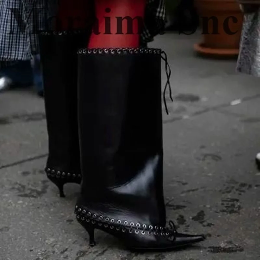 Plus Size Mid Calf Black Leather String Boots Thin High Heel Women Shoes Slip On Pointed Toe 2025 Fashion Zapatos Para Mujere