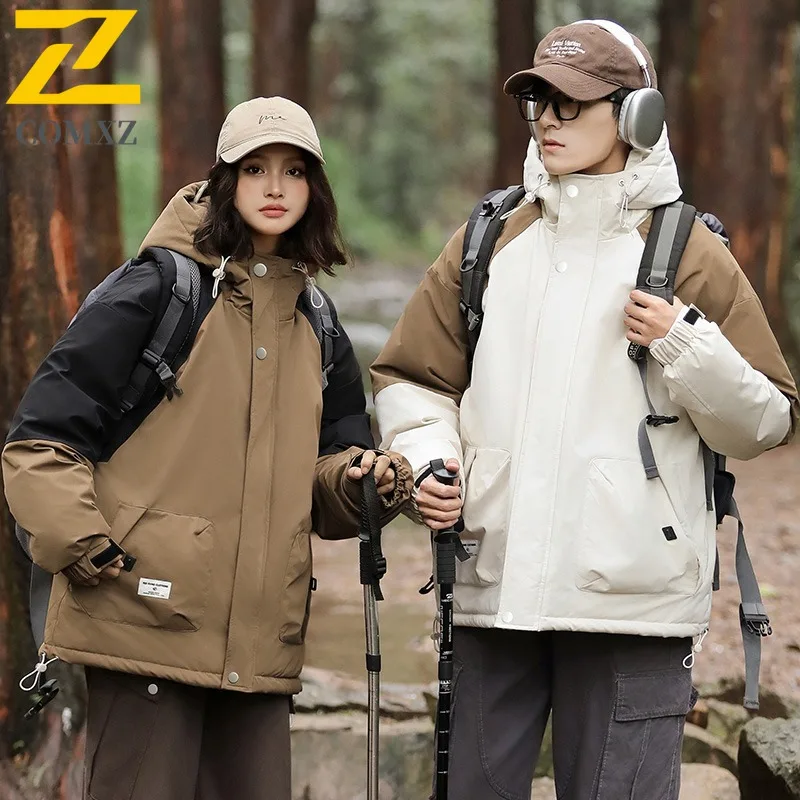 COMXZ New Mens Puffer Coat Splicing Hooded Outdoor Adventure Windproof Coat Travel Hiking Mountaineering Cold Protection Garment