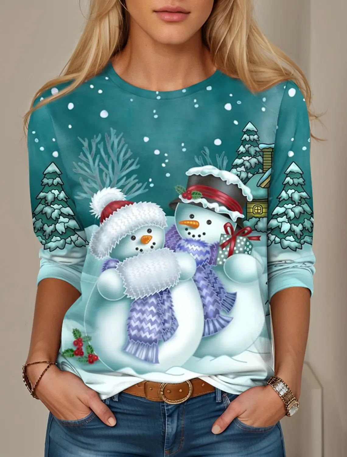 Christmas women\'s round neck sweatshirt snowman print long sleeve Christmas weekend holiday round neck regular spring and autumn