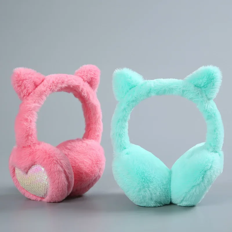 1 Pc Women Girls Winter Warm Earmuffs Cat Ears Cat Ear Ear Warmers Outdoor Earmuff Sequin Earmuffs Fluffy Earflap Headband