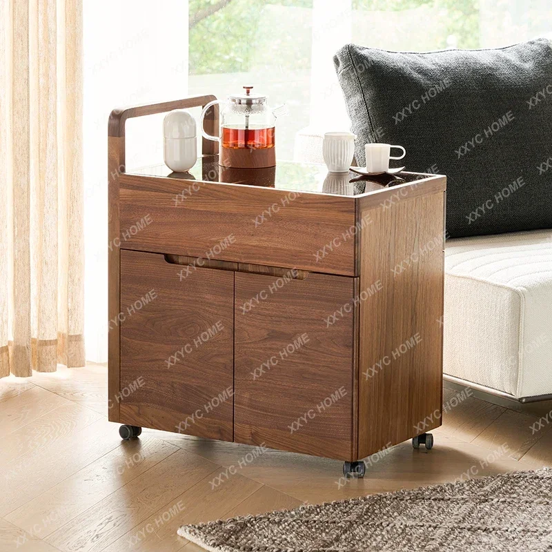

Black Walnut Wooden Sofa Side Cabinet Movable Coffee Table Living Room Solid Wood Side Table Light Luxury