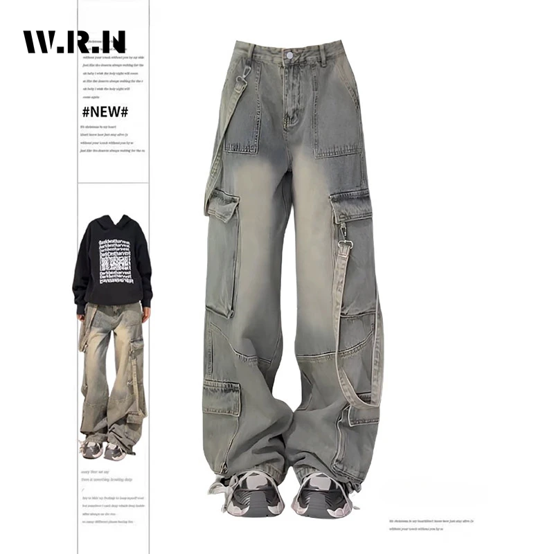 

American Retro Full Length Jeans Pockets Belted Design Hip-hop Baggy Pants Women's Casual Y2K Grunge Street Washed Denim Trouser