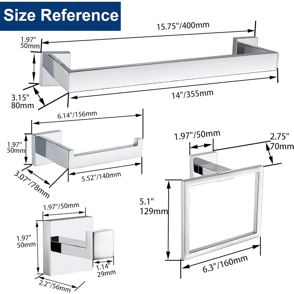 Stainless Steel Bathroom Hardware Set with Towel Rack and Square Towels in Polished Chrome Finish