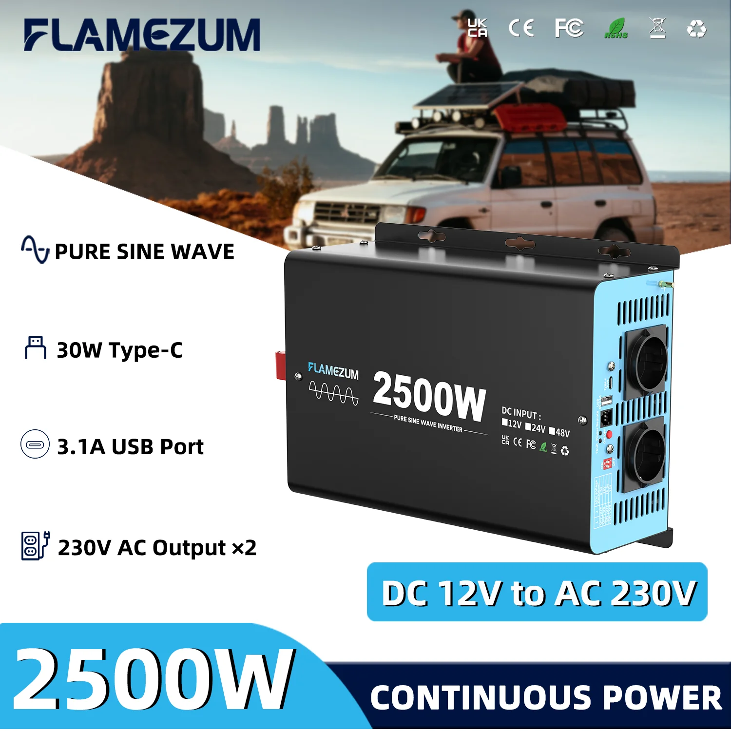 

2500W Continuous Power Pure Sine Wave Inverter Peak Power 5000W DC 12V to AC 230V 50HZ EU Socket LCD Car Voltmeter Converter