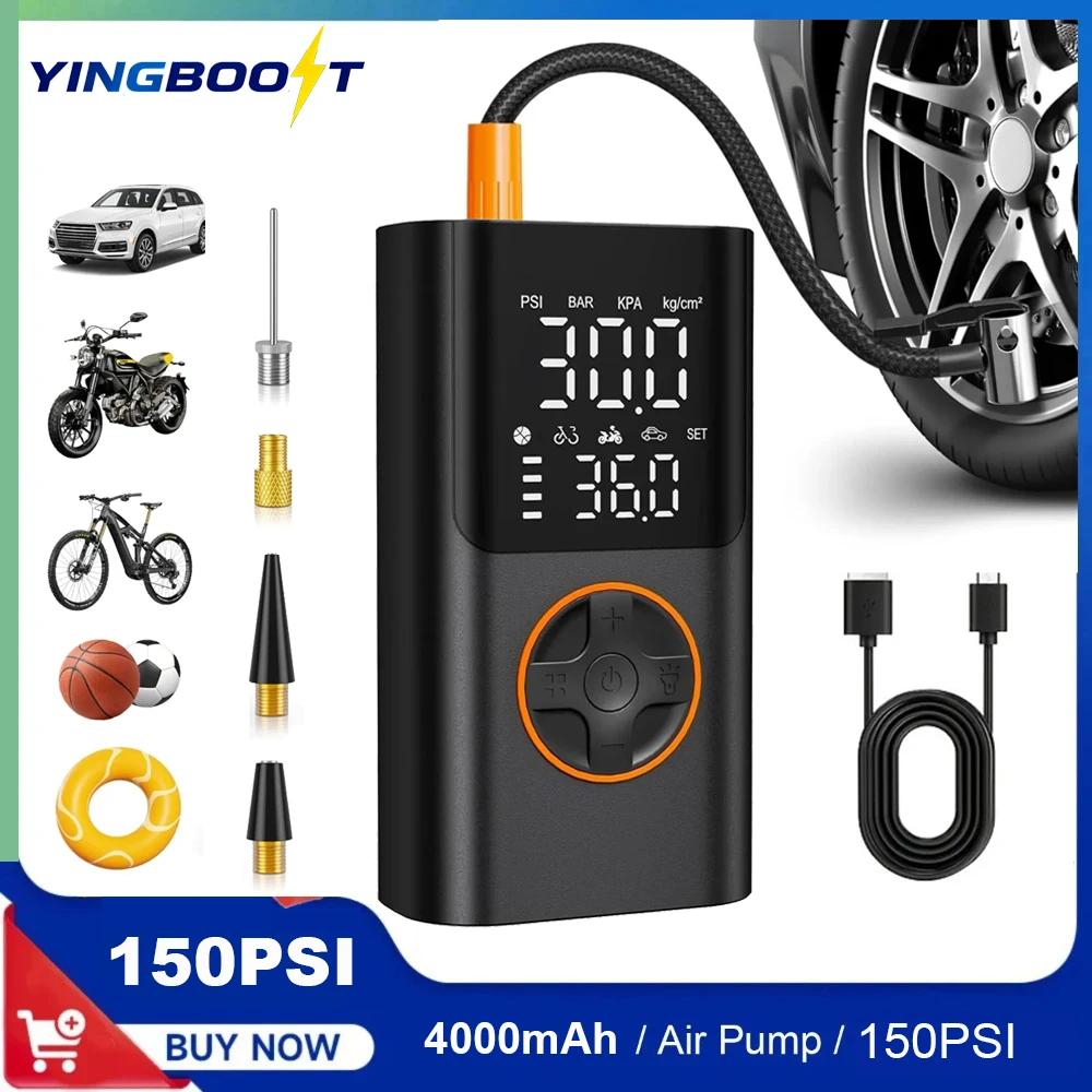 잉부스트 미니 자전거 타이어 펌프 150 PSI 인플레이터 무선 에어 컴프레서, 압력 게이지 및 LED 라이트가 있는 차량용