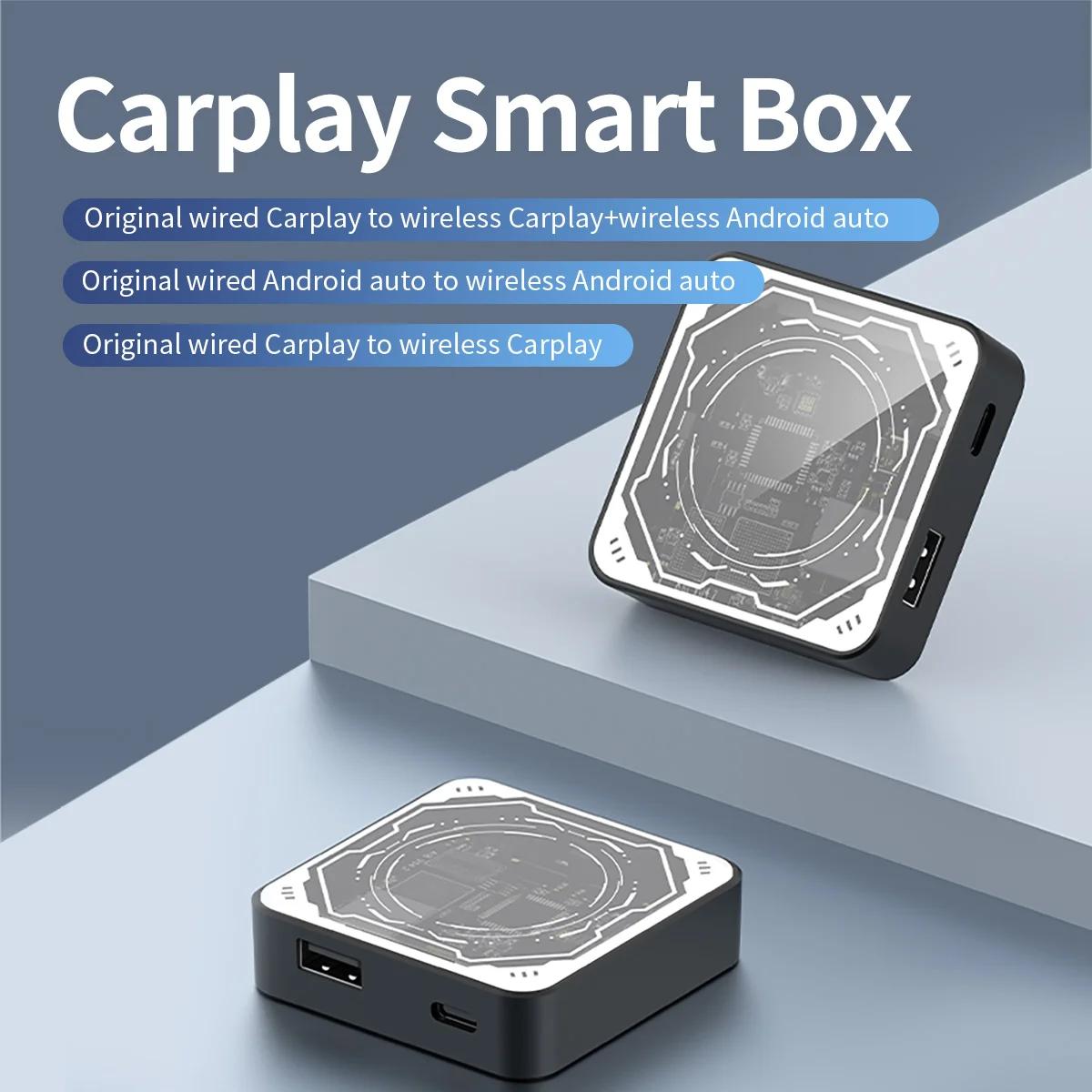 

Portable Type-C CarPlay smart box with dual-screen interaction，voice control，support wireless Carplay，wireless IOS/Android auto