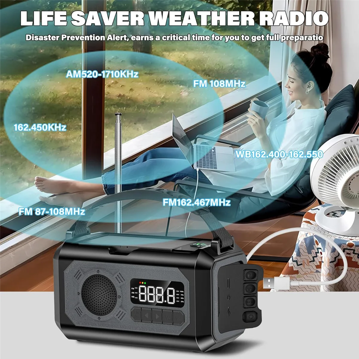 12000MAh Radio meteo di emergenza Radio A manovella Radio solare Radio portatile AM/FM/NOAA con lampada da lettura torcia-A