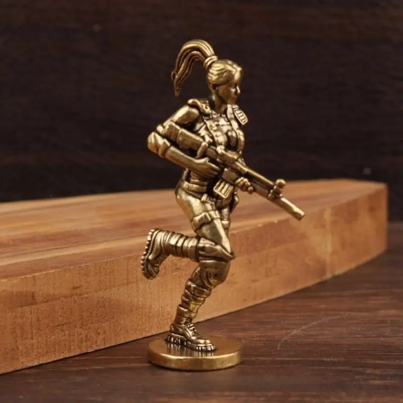 Small Special Forces Female Soldier Brass Statue Vintage Mini Metal Figurine for Display Case Home Decor Collection