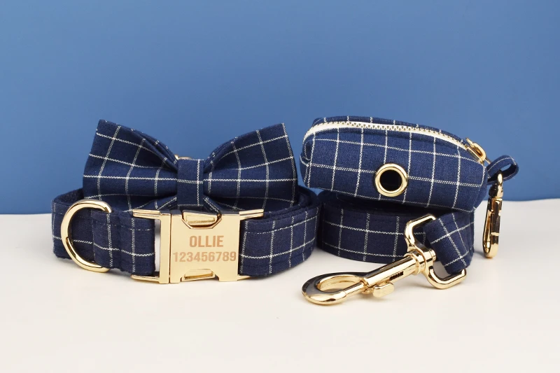 Dark Blue Check Dog Collar Leashes Harness Bow Set Grid 02