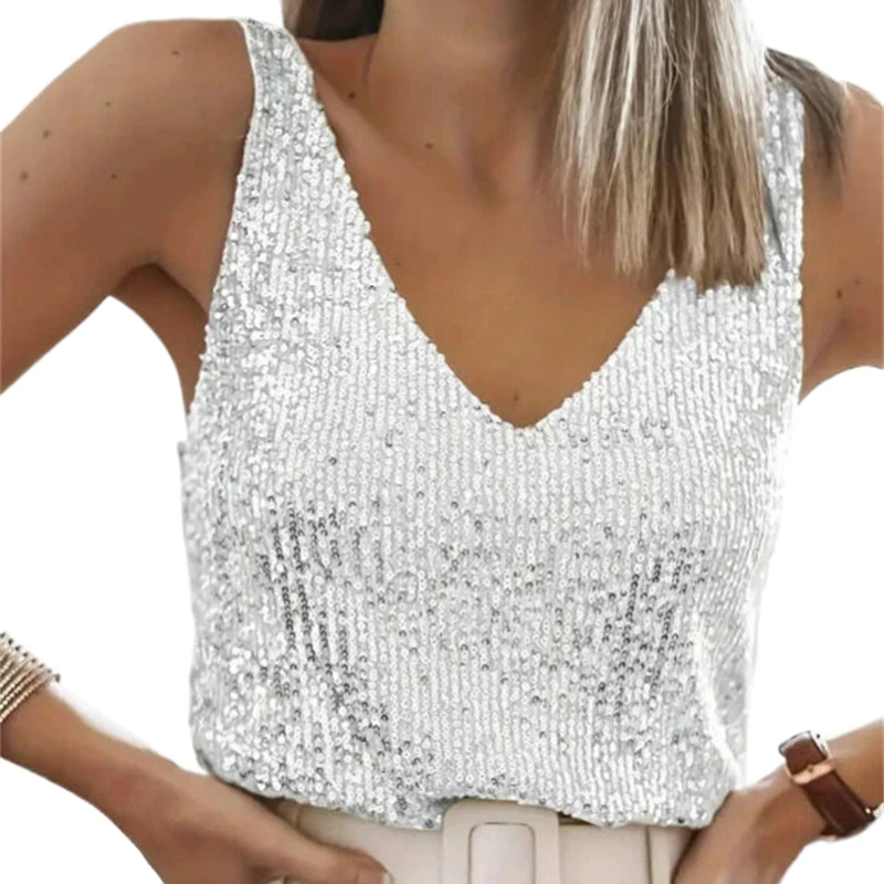 Damen-Pailletten-Tanktop mit V-Ausschnitt, ärmellos, glitzerndes Camisole-Top, Glitzer-Party-Weste, Clubwear, lässige Bluse, футболка+женская – Detail 3