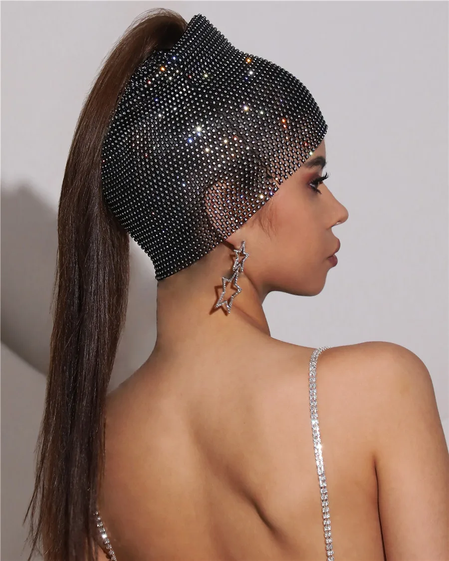 Elastic Fishnet Shiny Rhinestone Cold Hat Women Sexy Hollow Out See Through Mesh Ear Protection Hat Party Decorative Accessories