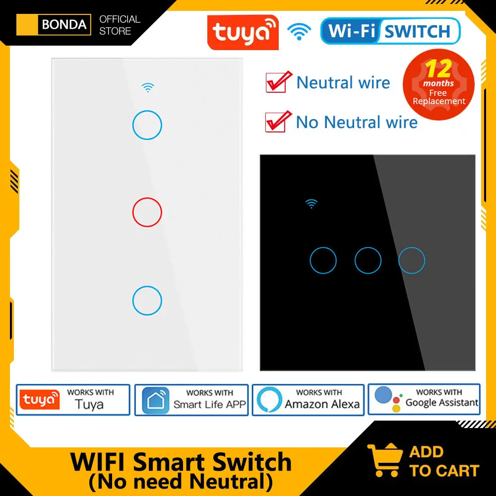 Smart Switch No Neutral RF433 EU/US/Brazil Standard Tuya Smart Life APP Works with Google Home Alexa Touch Sensor WiFi Switches