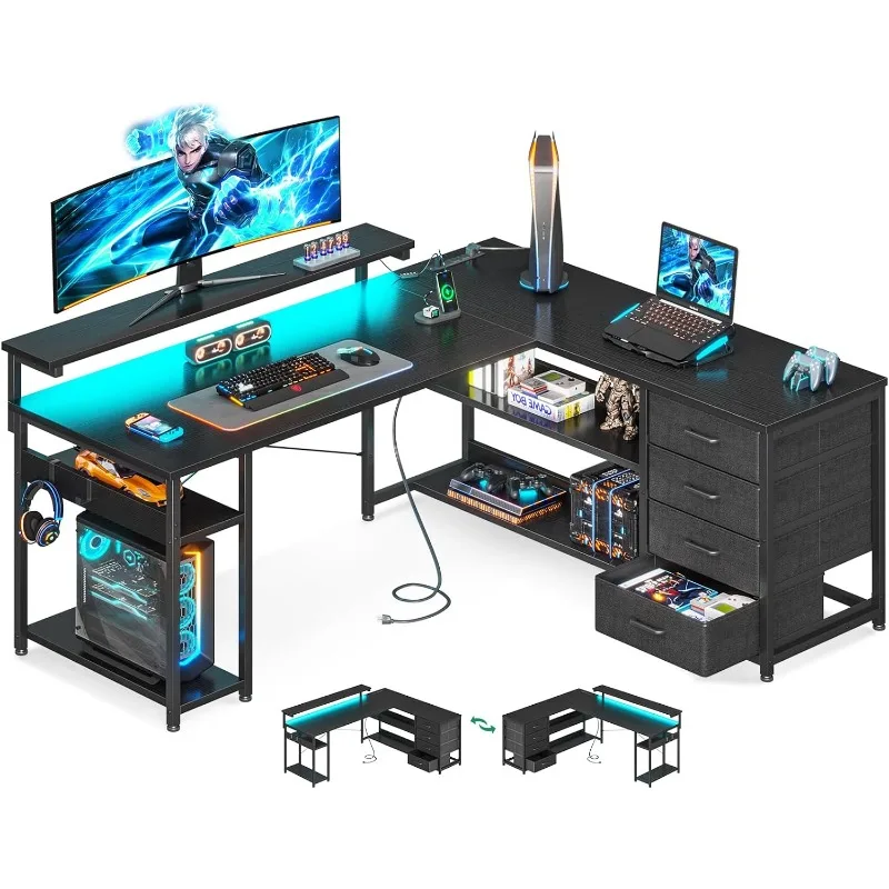 

53" L Shaped Desk with Drawer, Computer Desk with Power Outlets & LED Lights, Reversible Corner Gaming Desk for Home Office