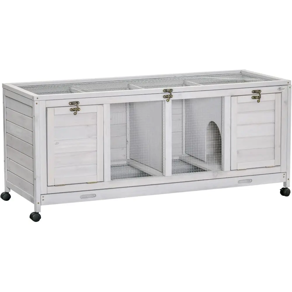 

Серый деревянный вольер для кроликов на колесиках с разделителями и съемными поддонами, подходит для 1-2 кроликов, для использования в помещении и на улице