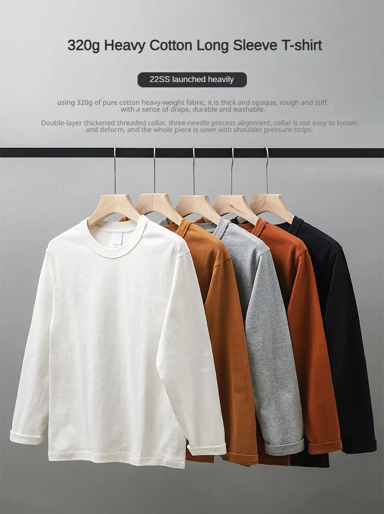 Dukeen 11,2 Oz Schwergewichts-Herbst-Langarm-T-Shirt für Herren, 100% Baumwolle, Einfarbiges Shirt mit Rundhalsausschnitt, Weiße Oberteile, Übergroße Herrenbekleidung – Detail 1