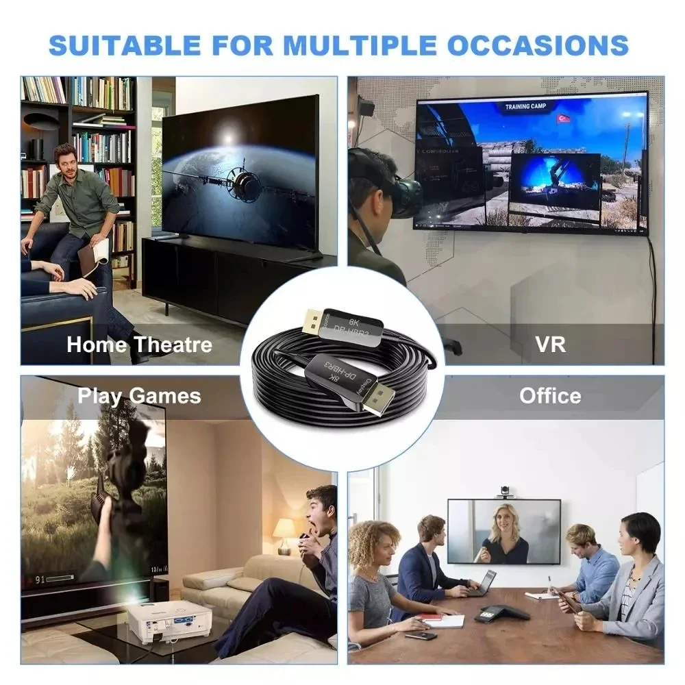 DP 1.4 Fiber Optic Cable 8K Displayport Cable HBR3 DSC 1.2  HDR10 32.4Gbps 8K@60Hz 4K@144Hz Optical Fiber Flexible 100M DP Cable