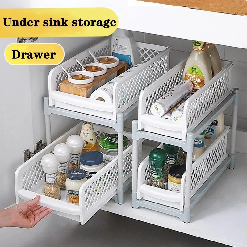 

2-Tier Under Sink Organizer Kitchen Drawer Bathroom Storage Racks Multi-Use Slide-Out With Handles Under Sink Cabinet Organizers