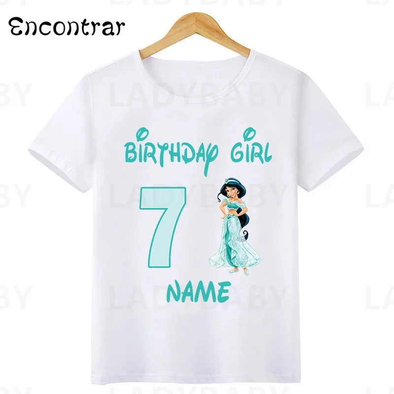 Disney Princess Jasmine Print Birthday Girl T shirt Kids Clothes 1 2 3 4 5 6 7 8 9 Years Baby Girls Aladdin T-Shirts Party Tops