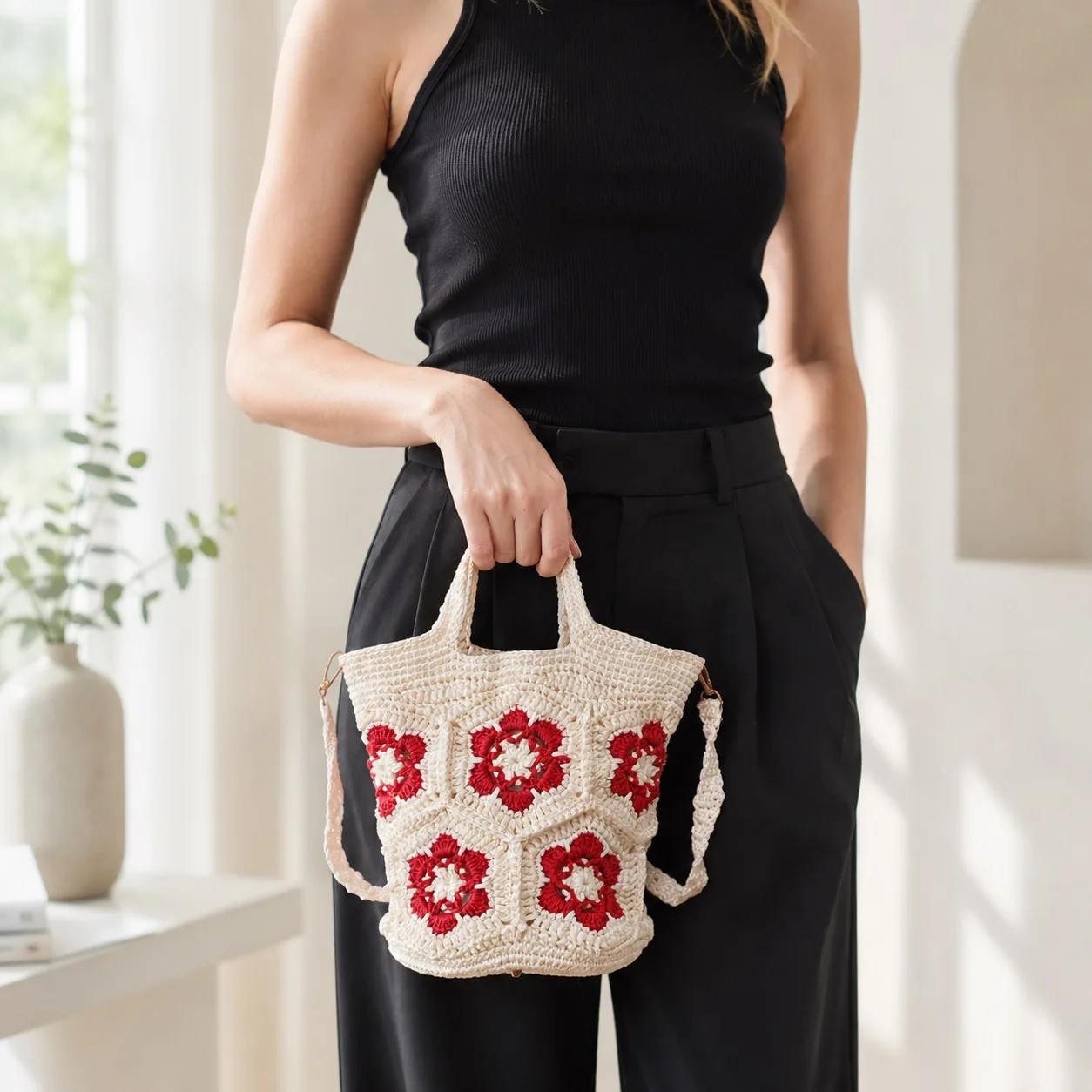 Handmade Floral Crochet Bucket Bag for Women – Straw Woven Crossbody & Top-Handle Tote, Vacation Purse with Sturdy Bottom Base