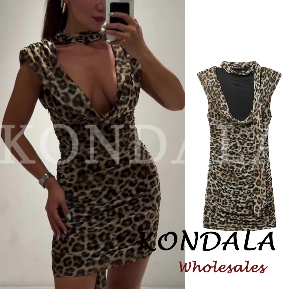 KONDALA Schickes Vintage Elegantes Damenkleid Mode 2026 Tierdruck Sexy Herbstkleid Schal Ärmellos Leoparden-Mini-Sexy-Kleid