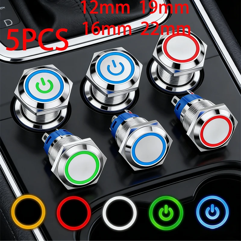 

12mm 16mm 19mm 22mm metal push button on off switch power LED light Waterproof Flat circular button 3v 6v 12v 24v 110v 220v 5PCS