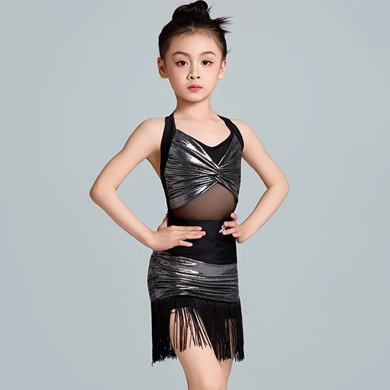 

Kids Latin Dance Costume Girls Competition Dress Summer Black Fringe Dress Cha Cha Rumba Samba Dance Practice Show Wear DNV23558