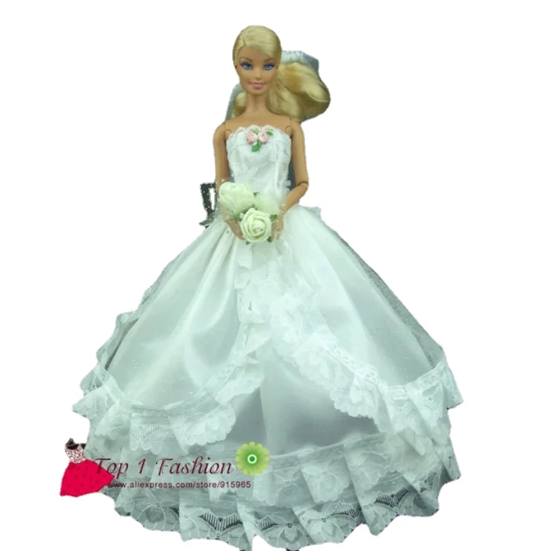 2 Sets = White Lace Bride Wedding Dress with Veil for Barbie Doll + Suit Clothes for Ken Doll