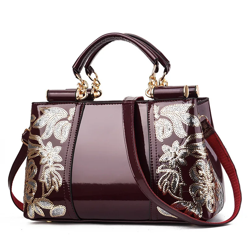 

2023 Brand Designer New Women Patent Leather Handbag Sequin Embroidery Shoulder Crossbody Bag Famous Ladies Purse Messenger Tote