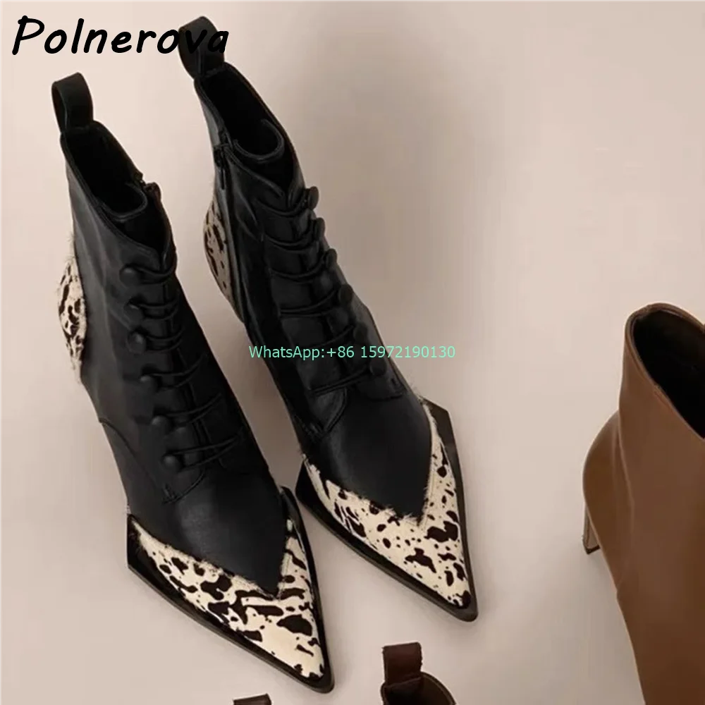 Black White Cross Tied Ankle Boots Mixed Color Pointy Toe Square Heels Side Zipper Elastic Shoes Women's Fashion Modern Shoes