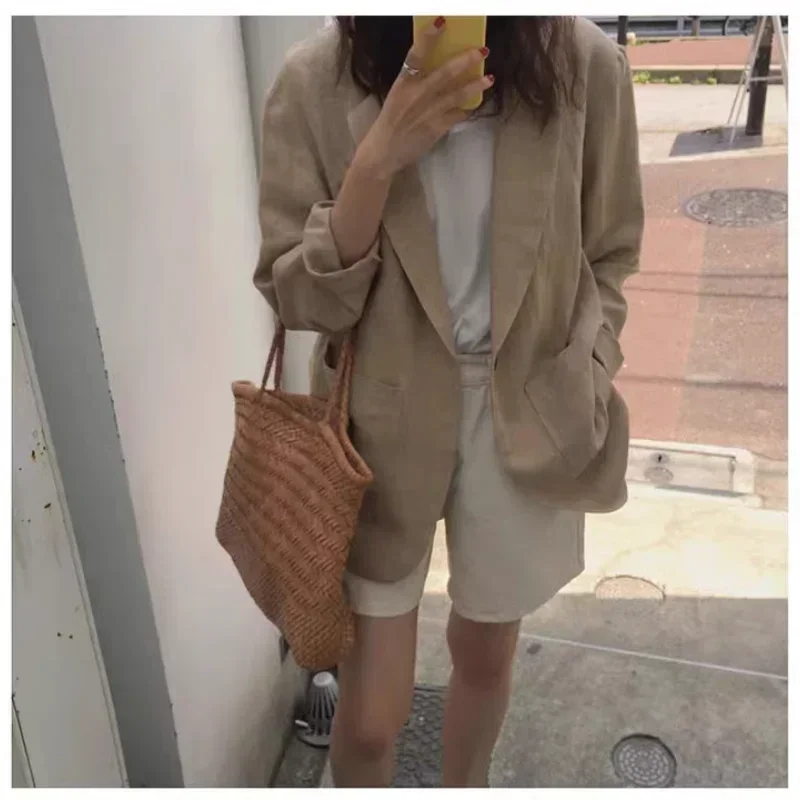 Retro Cotton Linen Solid Blazer Summer New Womens Notched Collar Clothing Single Breasted Casual Suit Jacket Women E4992
