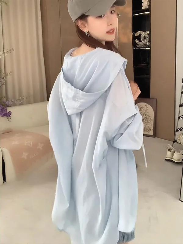 Blaue Kapuze Long Sve irt Damen Sommer Dünn Lose Lazy Sle Sonnenschutz Top Casual Faion Basic Fit Baumwolle irt
