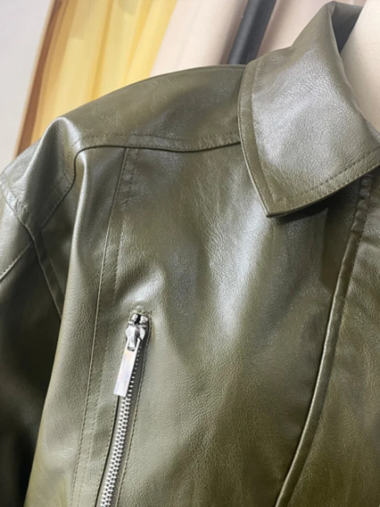 Leren damesjasje met lange mouwen, ritssluiting, elastische zoom, knoopzak, effen vrouwelijke jassen, herfst, high street jassen, dames