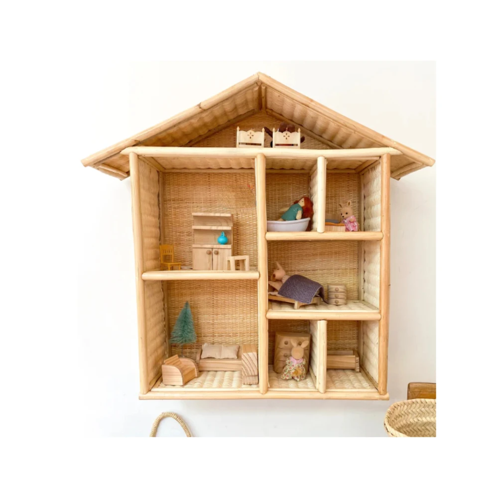 Eco Friendly Children Wicker Handmade Kids Rattan Doll House Play House Furniture Bookcase Room Decor