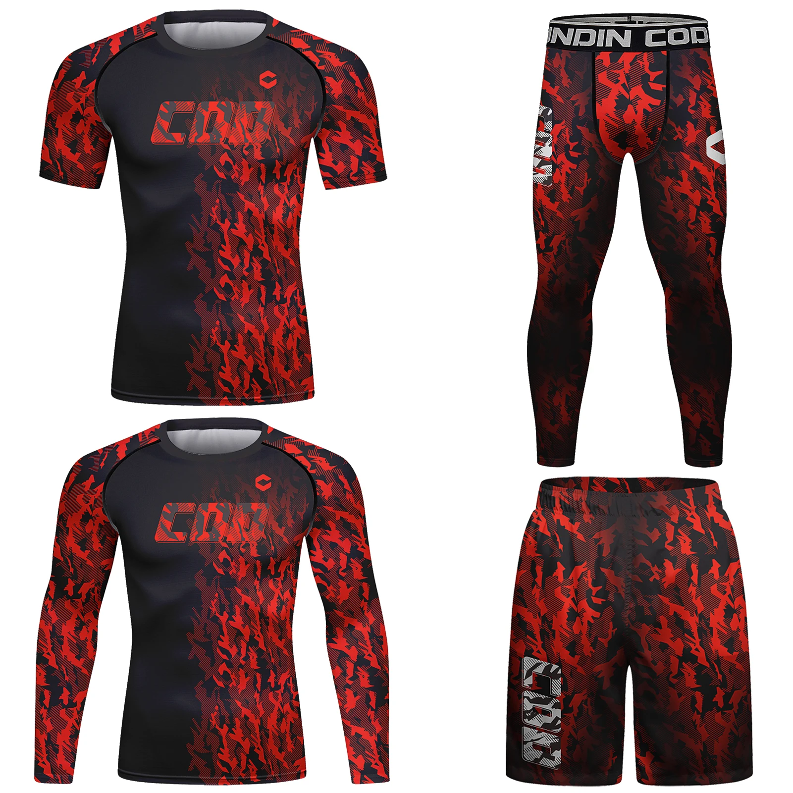 4 PCS Men\'s Running Set Gym Jogging Underwear Red Compression Fitness MMA Rashgard Male Quick-dry Red Camo Tights Track Suit