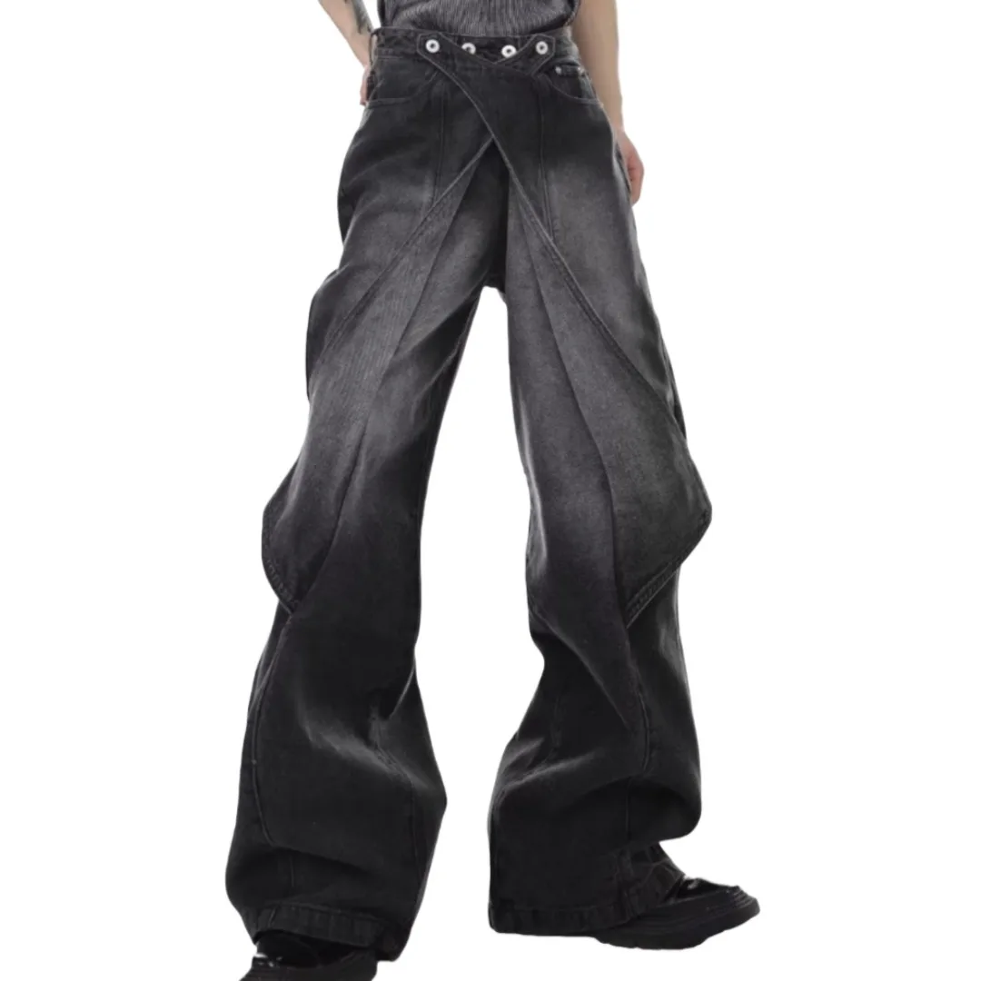 للجنسين الجينز 2025 جديد المرقعة رجل جينز غير رسمي المرأة ريترو مفكك البضائع للتحويل مضيئة الدينيم بنطال ذو قصة أرجل واسعة #6